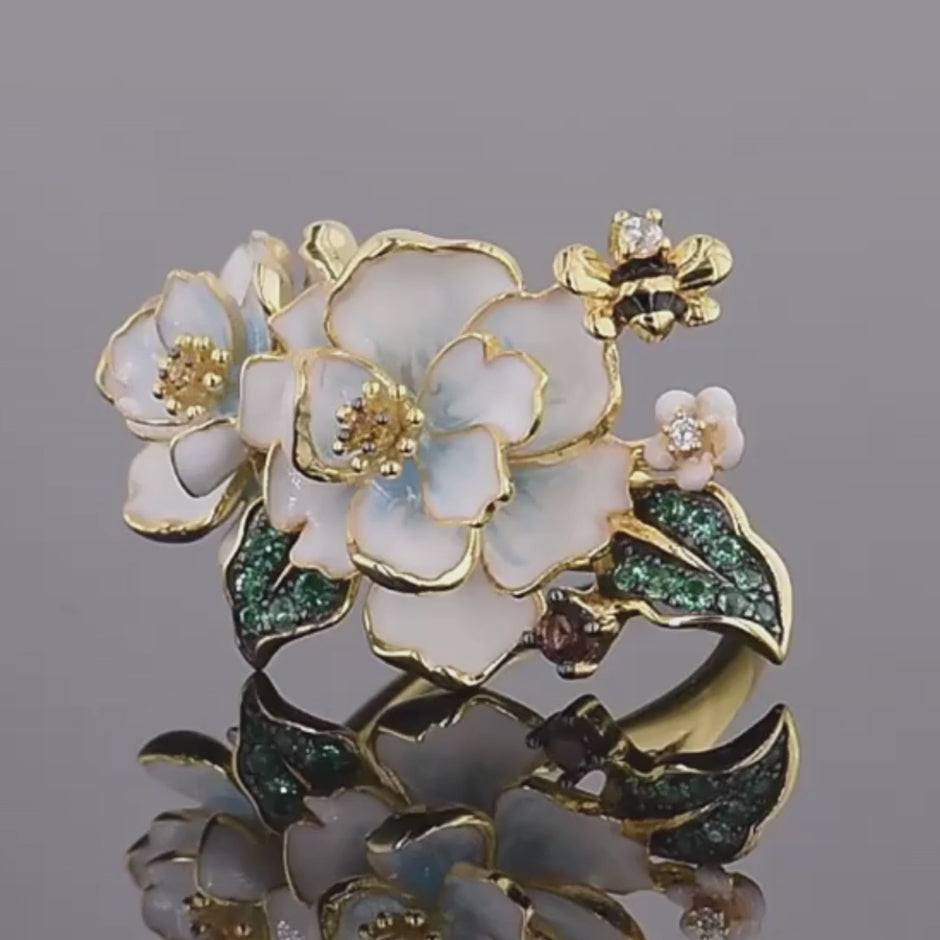 Handgearbeiteter Emaille Ring Blumen grafisches Meisterwerk