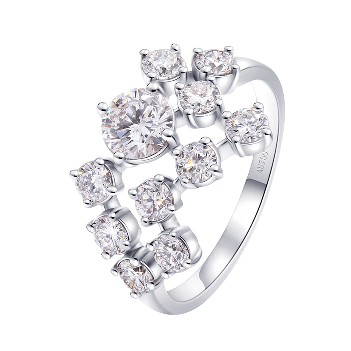 Weißvergoldeter Silberring mit 10 kleinen runden blätterartig verzweigten Diamantsteinen Schmuck Verlobungsringe